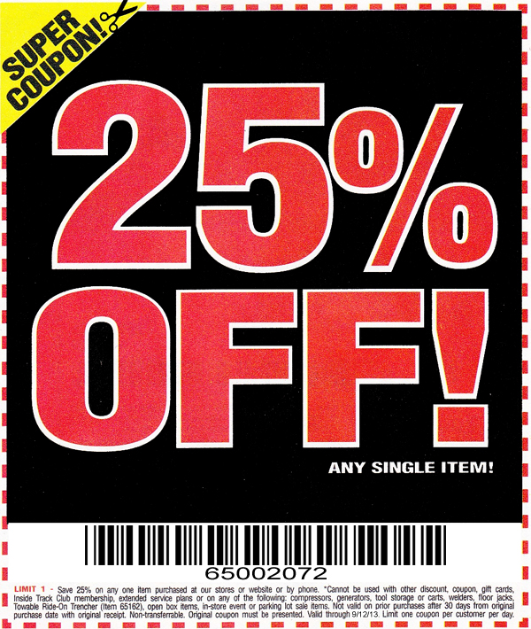 Harbor freight coupon 25 off one item Oct 01, · In Store: Print This Harbor Freight coupon and enjoy a 25% discount on any single item purchase. 20% Off Any Single Item Printable Coupon: Get a 20% discount on any one item valid at harbor freight stores, plus there’s more Harbor Freight coupons /5(21).